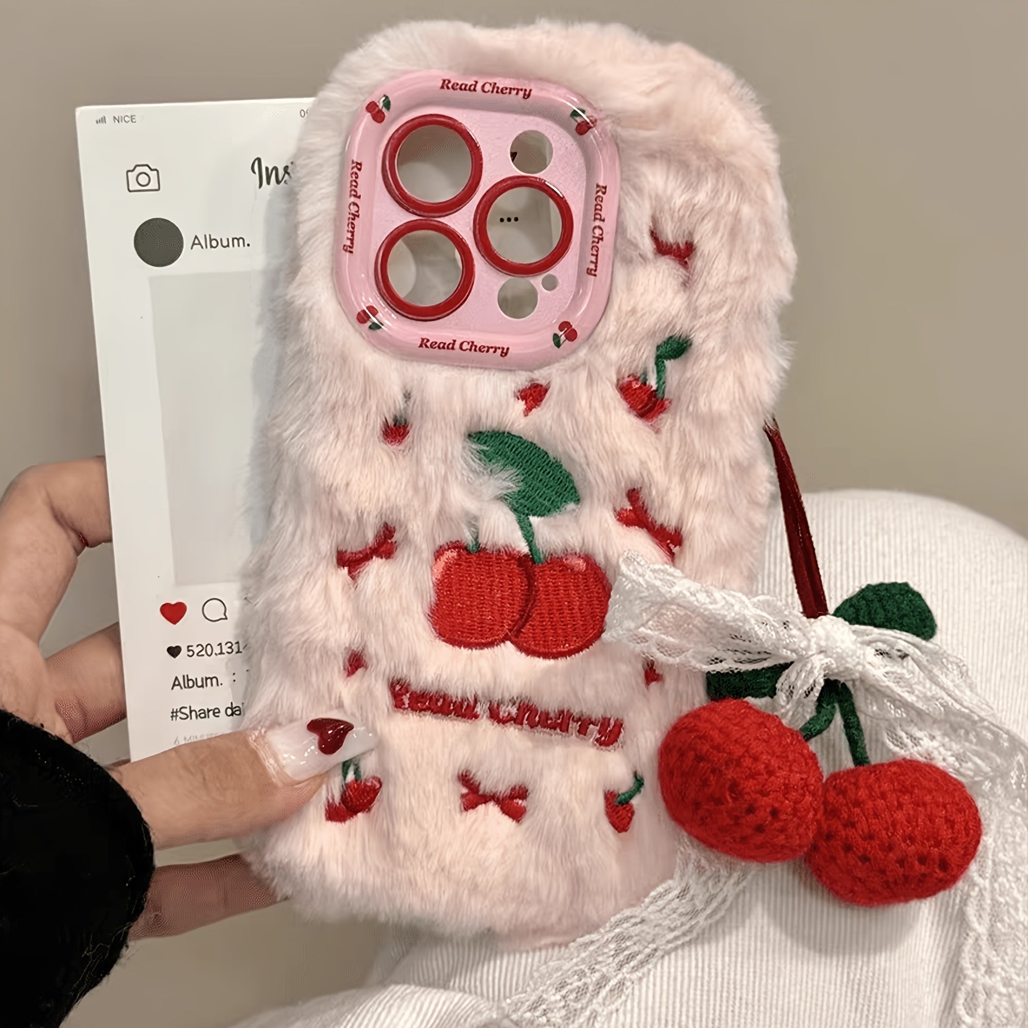 Autumn And Winter Cherry Plush Phone Case with Cherry Pendant for Iphone 16 Pro Max